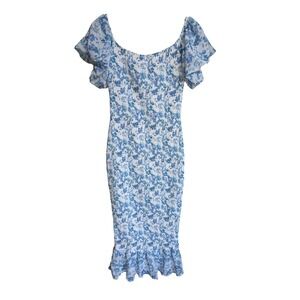 Blue White Floral Midi Dress Size 8 Smocked Off Shoulder Ruffle Wedding Guest